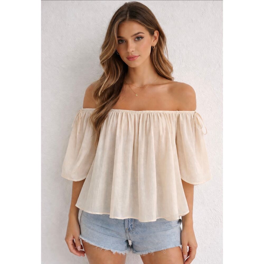 T Bags Los Angeles XS Off The Shoulder Top Blouse Beige Sheer Ruched Flowy